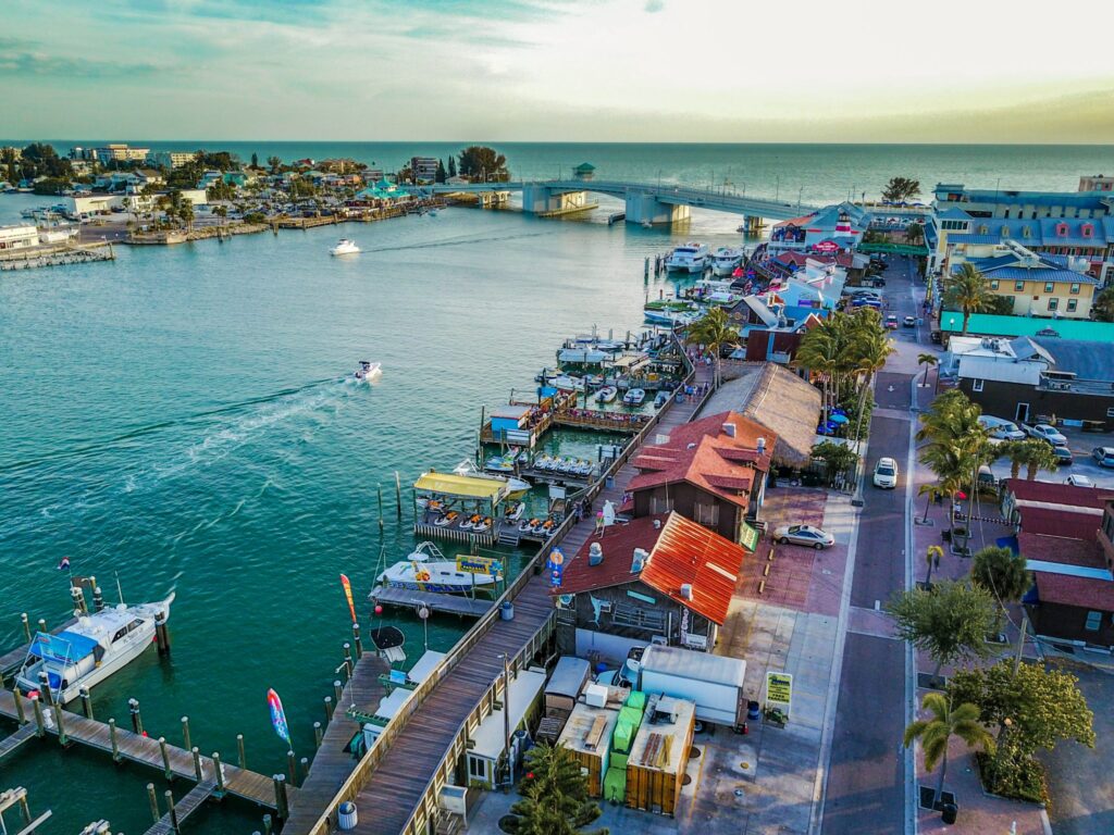 Drone photo high above John’s Pass in Clearwater Beach, Florida by mdburnette is licensed under CC-CC0 1.0