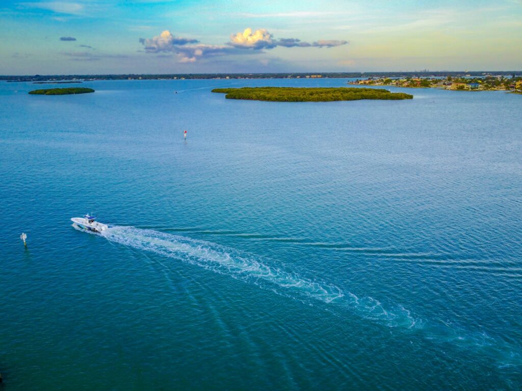 Drone shot over Boca Ciega Bay in Clearwater, Florida by mdburnette is licensed under CC-CC0 1.0